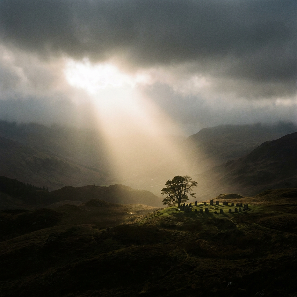 Sunbeam breaking through dark clouds to illuminate a stone circle and tree on a hill.