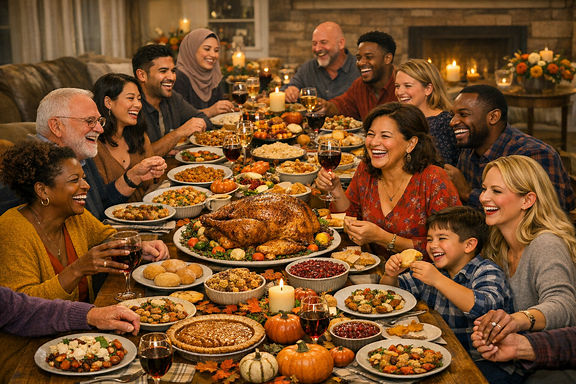 Multicultural Thanksgiving feast around long table