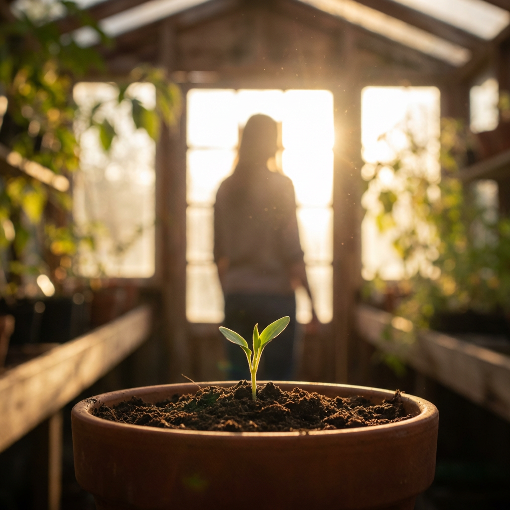 A small seedling sprouts in a pot within a sunny greenhouse featuring a person's silhouette.