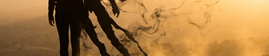 Silhouette of a woman on a hilltop with a shadow dissolving into black smoke.