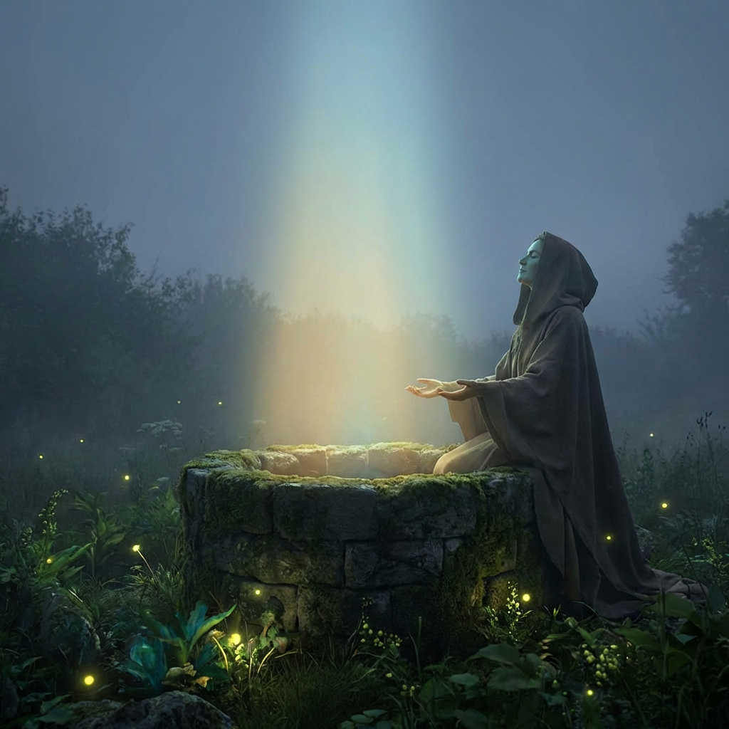 Hooded person kneeling by a stone well emitting a vertical beam of ethereal light.