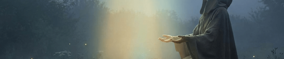 Hooded person kneeling by a stone well emitting a vertical beam of ethereal light.