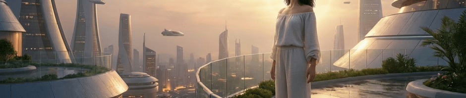 Woman in glowing white dress overlooking a futuristic city with flying vehicles at sunset.