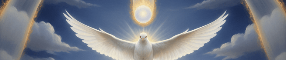 White dove illuminated by glowing beams of light descending from a cloudy sky over fields and mountains
