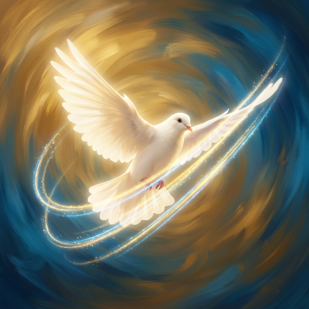 White dove flying surrounded by glowing golden and blue light swirl