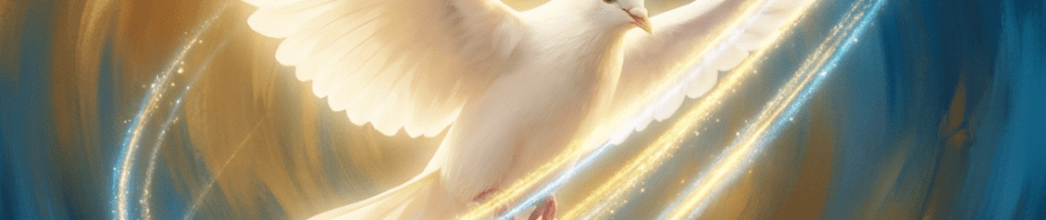 White dove flying surrounded by glowing golden and blue light swirl