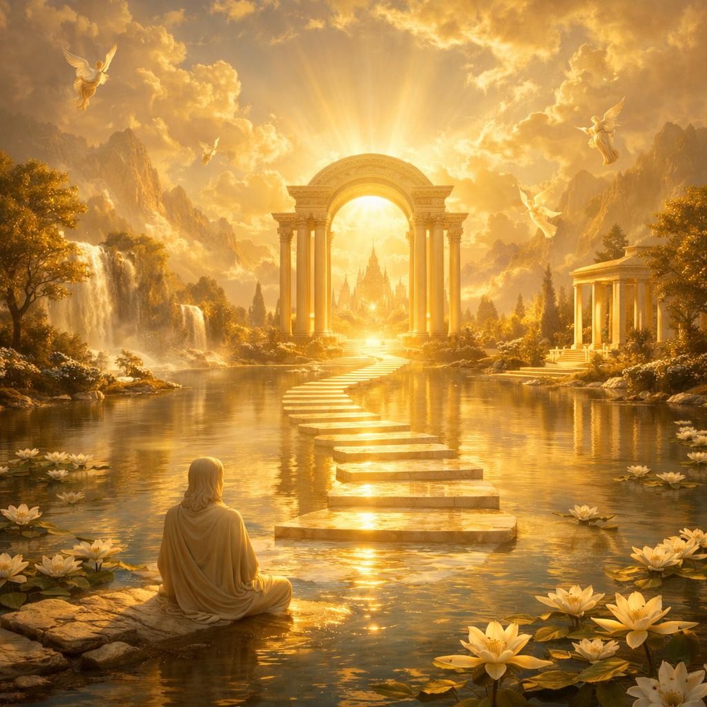 A robed figure sitting by a golden lake with stone steps leading to a luminous archway and glowing city in the background, surrounded by lotus flowers, waterfalls, and angels in golden light.