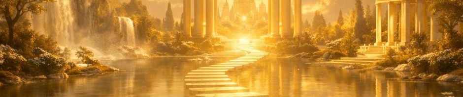 A robed figure sitting by a golden lake with stone steps leading to a luminous archway and glowing city in the background, surrounded by lotus flowers, waterfalls, and angels in golden light.