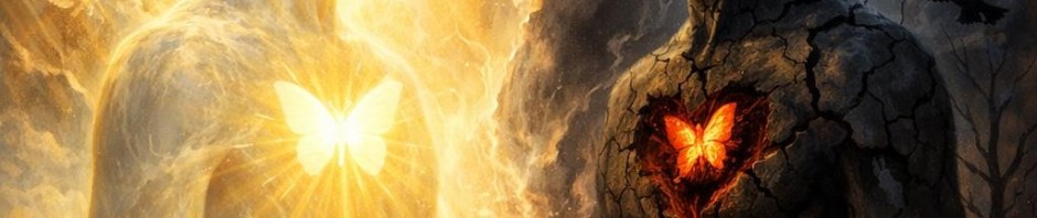 Two humanoid figures facing each other, one glowing with light and a butterfly, the other dark and cracked with a fiery heart and butterfly