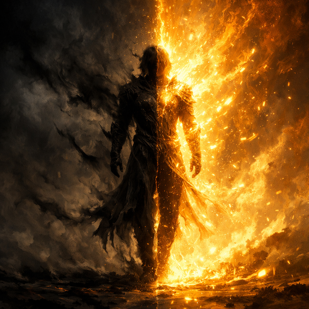 Silhouetted figure split between dark smoke and bright flames