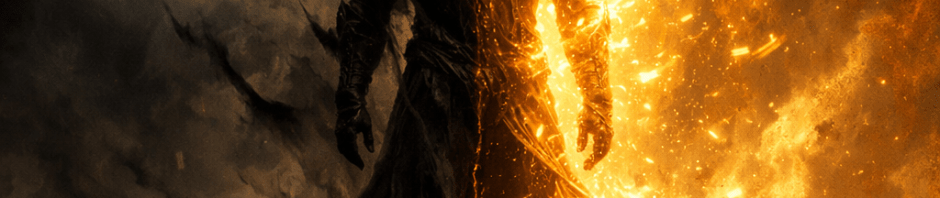 Silhouetted figure split between dark smoke and bright flames