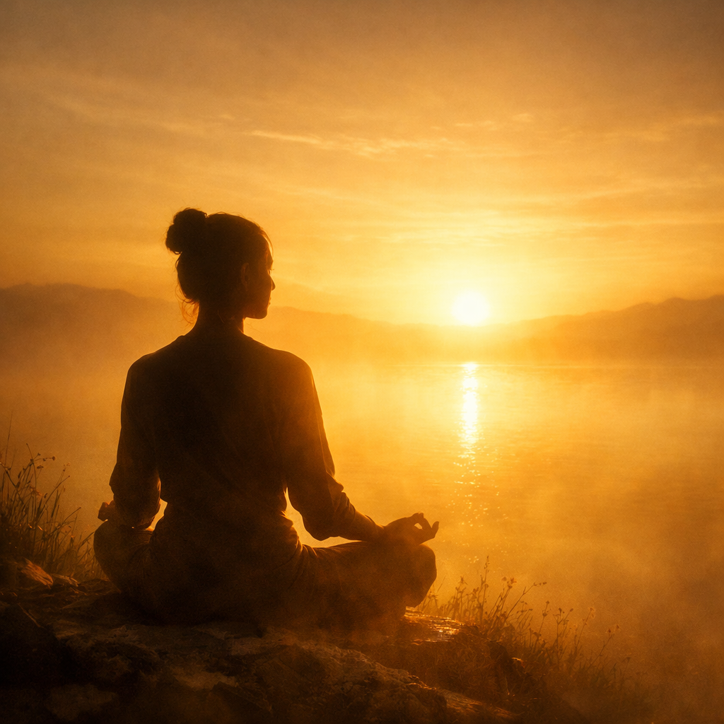 Silhouette of person sitting cross-legged meditating at sunrise by lake