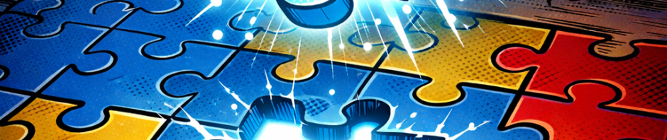 Glowing puzzle piece fitting into a brightly colored jigsaw puzzle