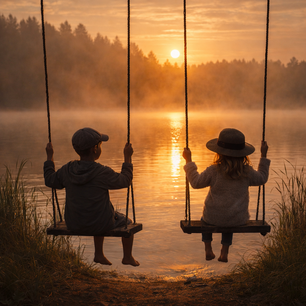 Two children sitting on wooden swings facing a misty lake at sunset.