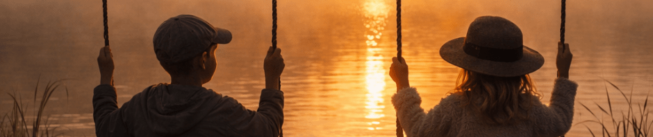 Two children sitting on wooden swings facing a misty lake at sunset.