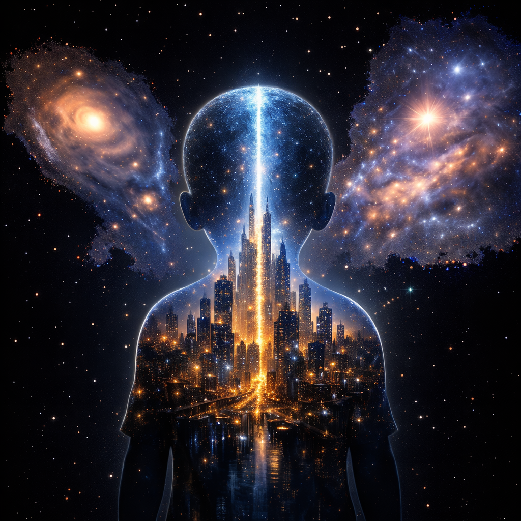 Human silhouette filled with illuminated city skyline and cosmic nebulae