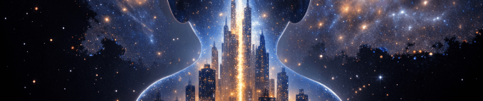 Human silhouette filled with illuminated city skyline and cosmic nebulae