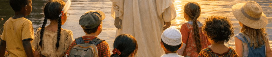 Group of children in multicultural clothing walking hand-in-hand with a robed figure at a lake during sunset