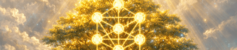 Glowing Tree of Life with interconnected nodes under an illuminated triangle with a blue eye