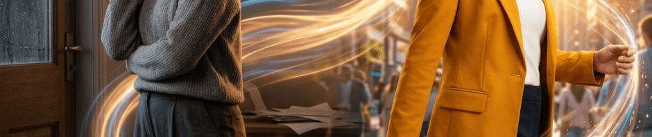 Woman looking sad and thoughtful indoors on one side, and the same woman smiling confidently outdoors in a city on the other side with swirling light effects between them