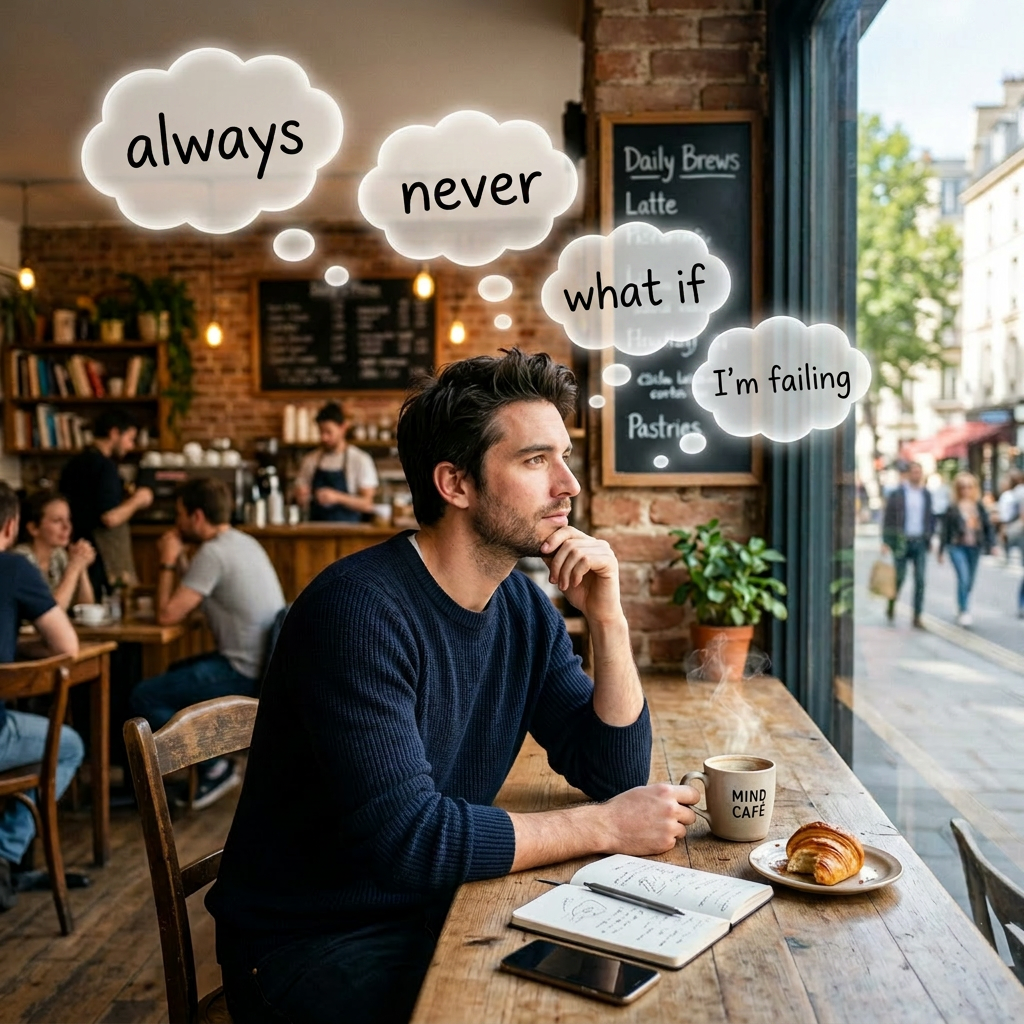 Man sitting at a café table thinking with notes about project launch, flight booking, call, and vacation