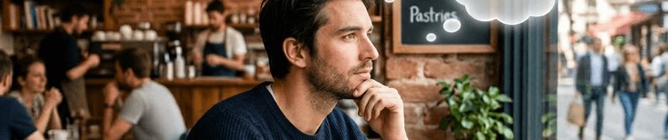 Man sitting at a café table thinking with notes about project launch, flight booking, call, and vacation