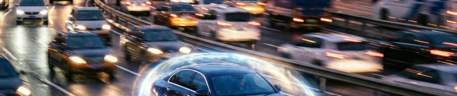 Dark blue luxury sedan encircled by glowing light in heavy urban traffic at dusk