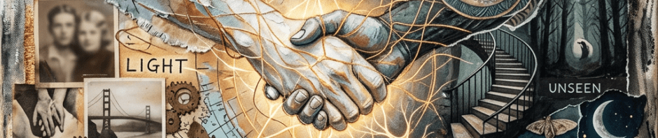 Two hands shaking surrounded by neurons, stars, old photos, an eye, a spiral staircase, and moons