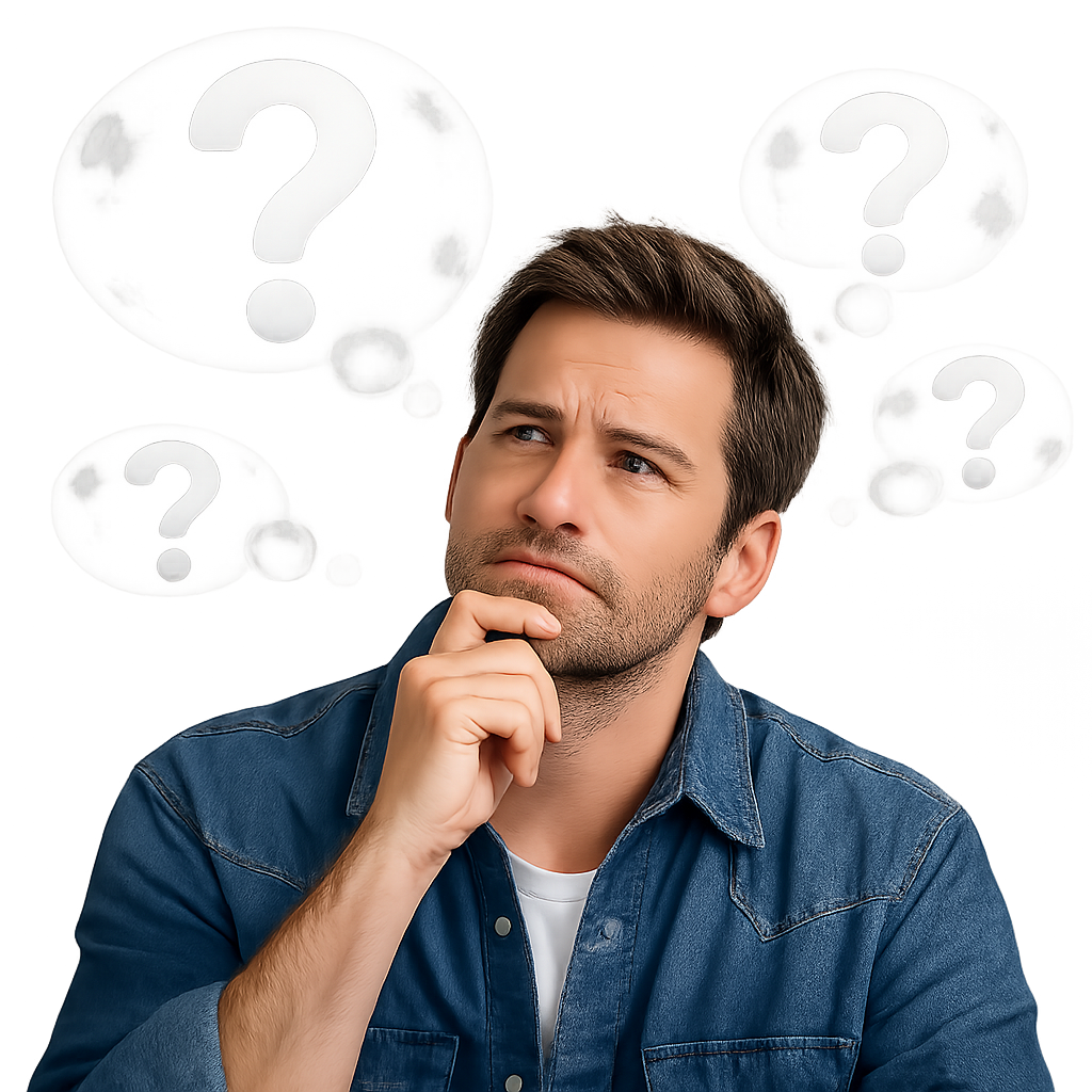 Man thinking with hand on chin and question marks around his head