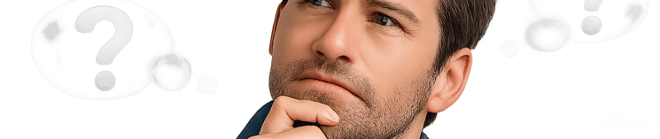 Man thinking with hand on chin and question marks around his head