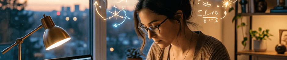 Student writing notes with laptop and math and science formulas floating above