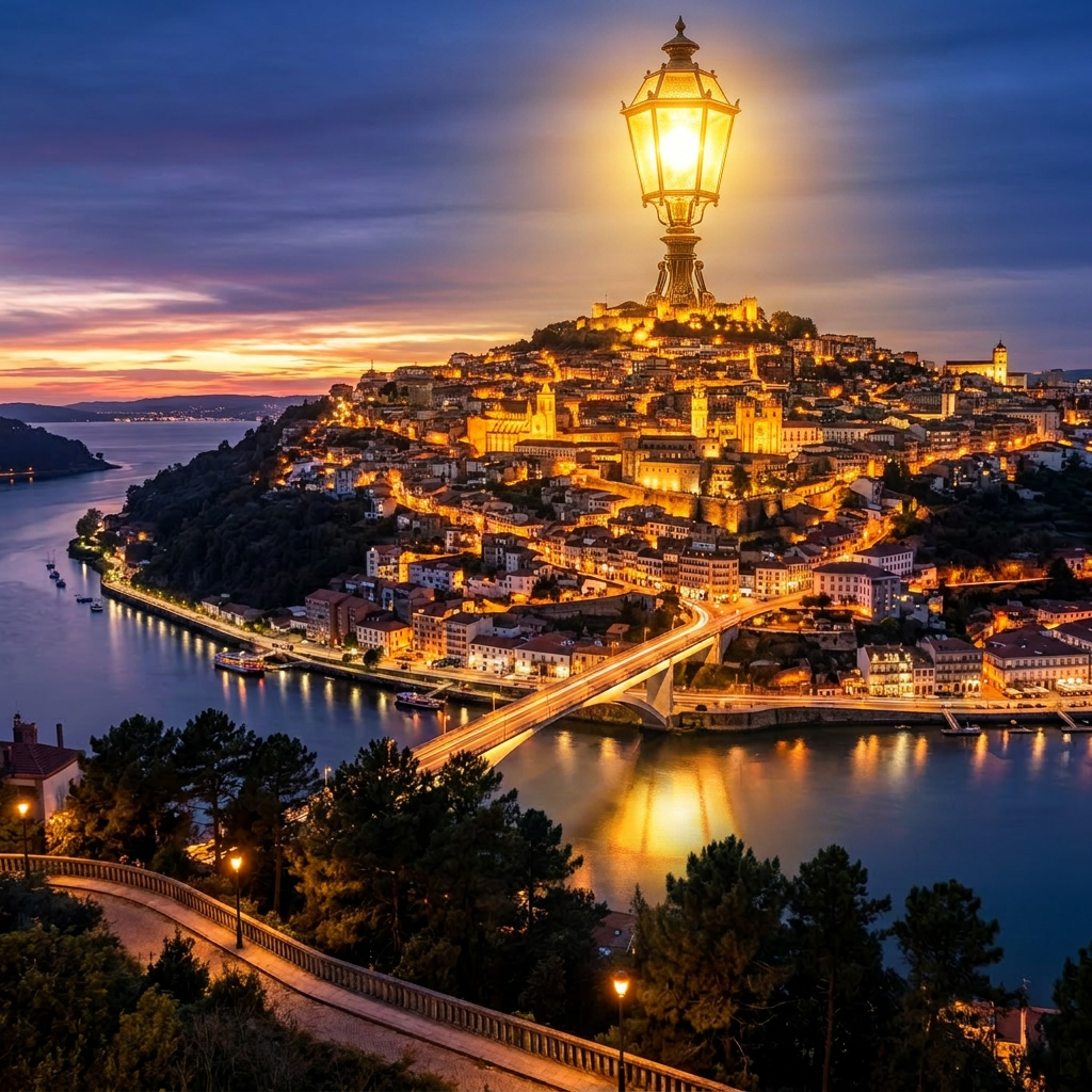Hilltop city with illuminated buildings and bridge over river at dusk