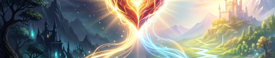 Glowing heart connecting dark night landscape with bright day landscape