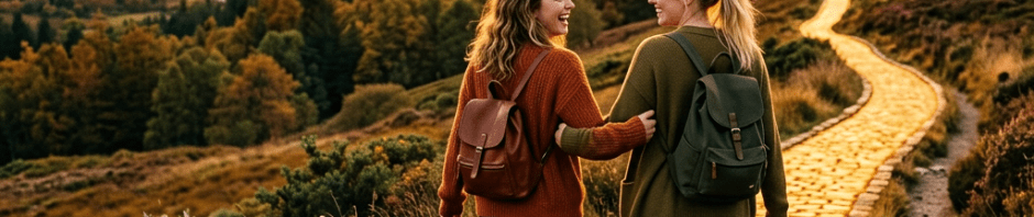 Two women walking on a stone trail through mountains at sunset, smiling and holding arms