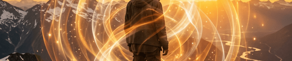 Person standing barefoot on rocky mountain peak with glowing swirling light effects at sunrise