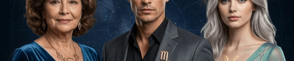 Portraits of three people with Cancer, Scorpio, Pisces zodiac symbols and labels