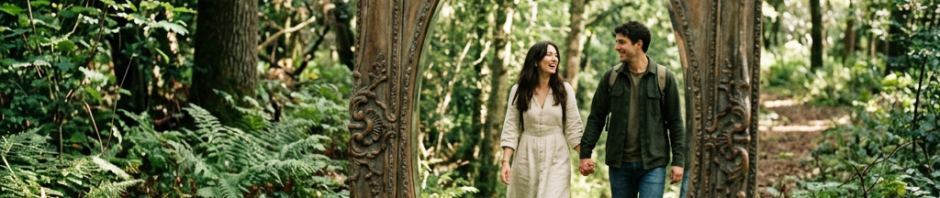 Couple walking hand in hand in a forest, reflected in an ornate vintage frame.