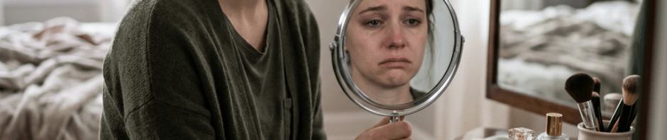 Woman holding a hand mirror showing her tearful face, sitting at a wooden vanity with jewelry and cosmetics.