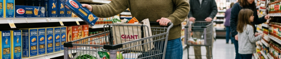 Woman shopping for pasta in a grocery aisle with full cart