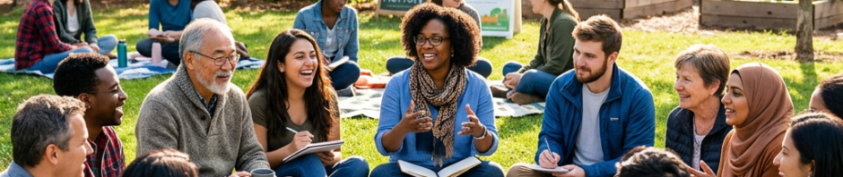 People sitting in a circle on blankets in a park, engaging in a community discussion.