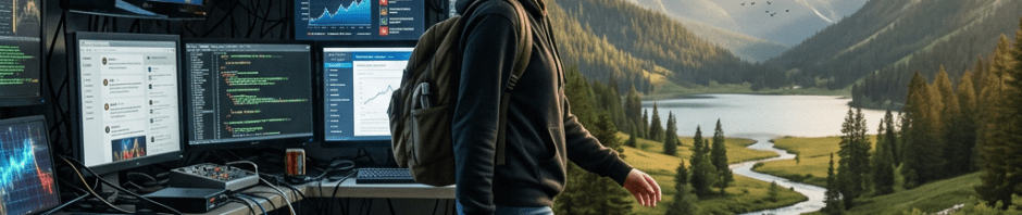 Woman walking from a cluttered control room with market crash alerts to a peaceful mountain valley with a river and wildflowers