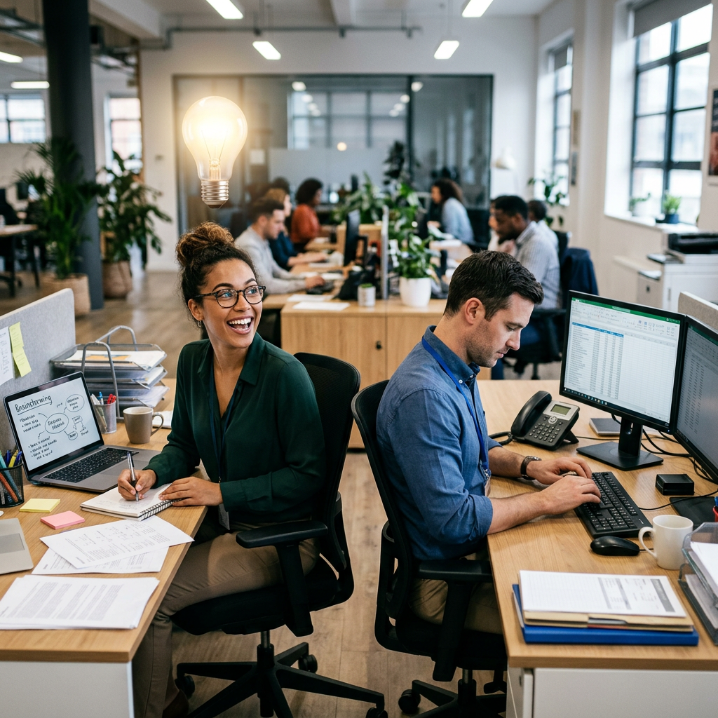 Two coworkers seated back-to-back in an open office, one smiling and writing notes, the other focused on a computer.