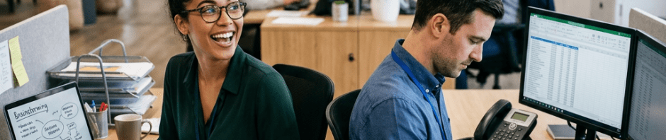 Two coworkers seated back-to-back in an open office, one smiling and writing notes, the other focused on a computer.