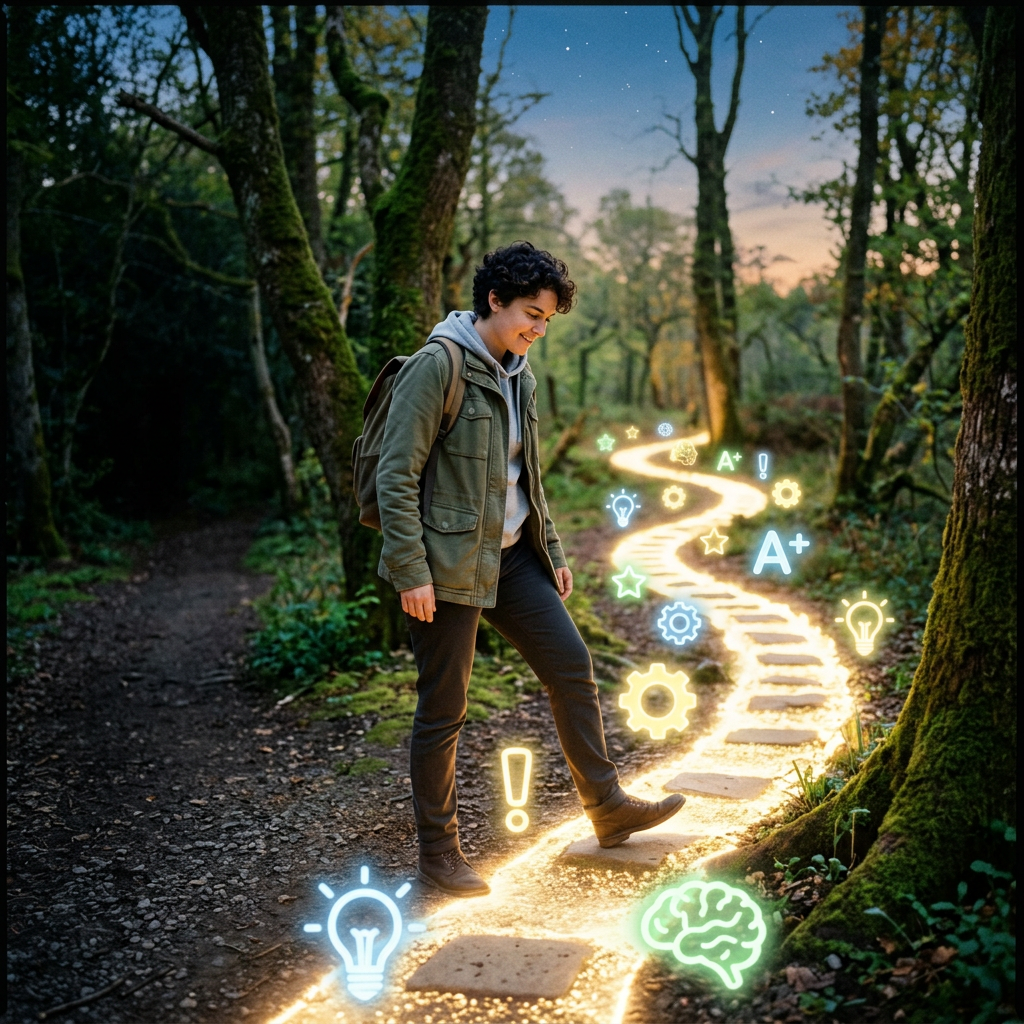 Young person walking on illuminated winding path with glowing icons of lightbulbs, gears, stars, a brain, and A+ symbols in a forest.