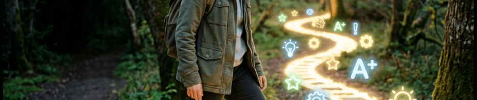 Young person walking on illuminated winding path with glowing icons of lightbulbs, gears, stars, a brain, and A+ symbols in a forest.