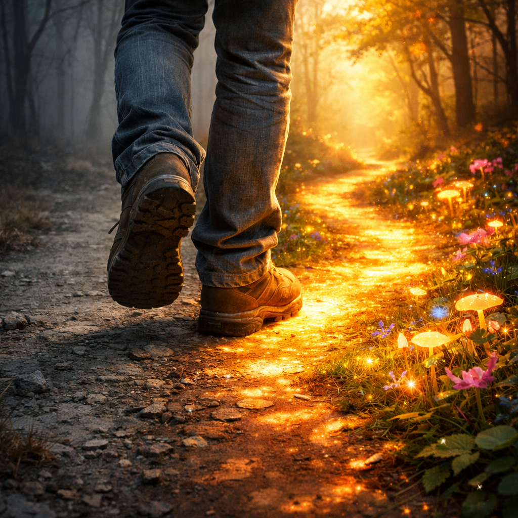 Close-up of person’s boots walking on a glowing forest trail with illuminated mushrooms and flowers
