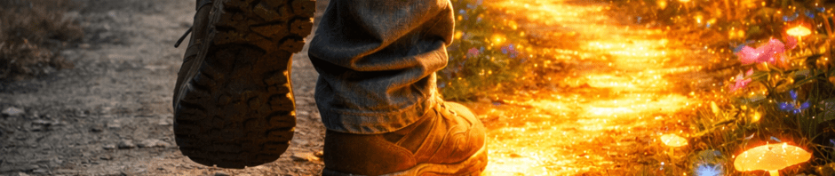 Close-up of person’s boots walking on a glowing forest trail with illuminated mushrooms and flowers