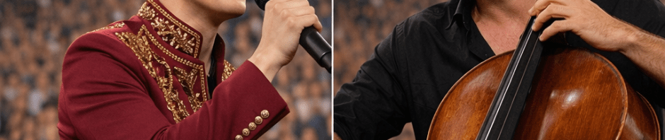 Singer in red jacket holding microphone next to smiling cellist with Croatian flag