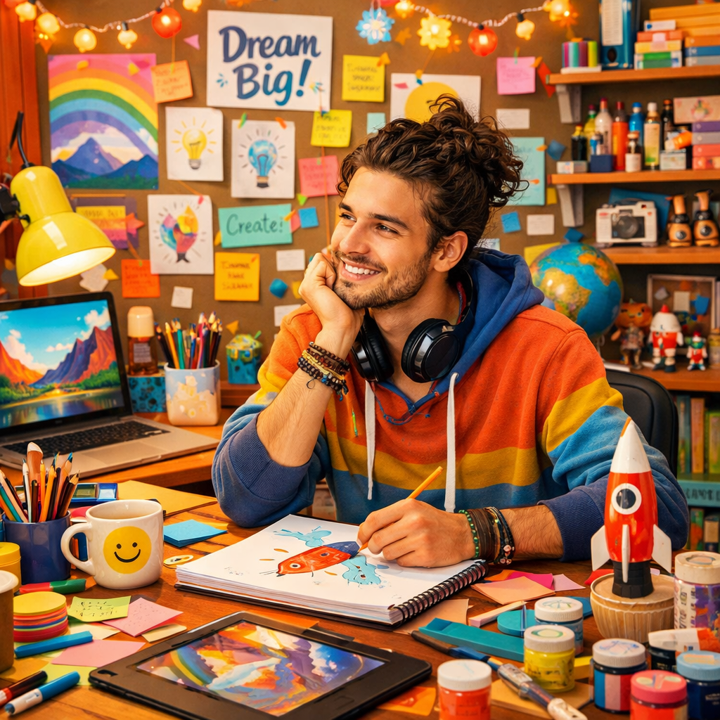 Smiling artist drawing a red rocket in a colorful creative workspace