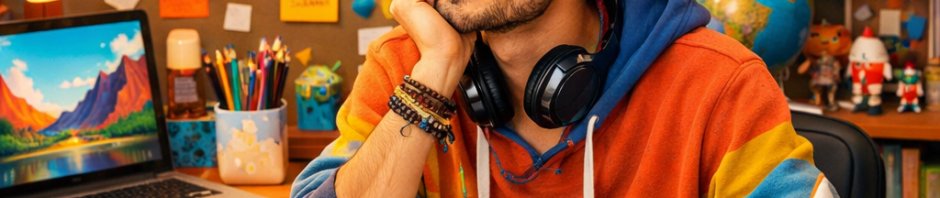 Smiling artist drawing a red rocket in a colorful creative workspace